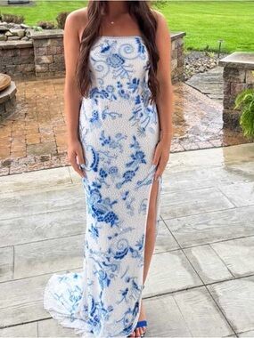 strapless open back dress Sheath/Column Sweetheart Lace Appliques Brush Train Prom Dresses